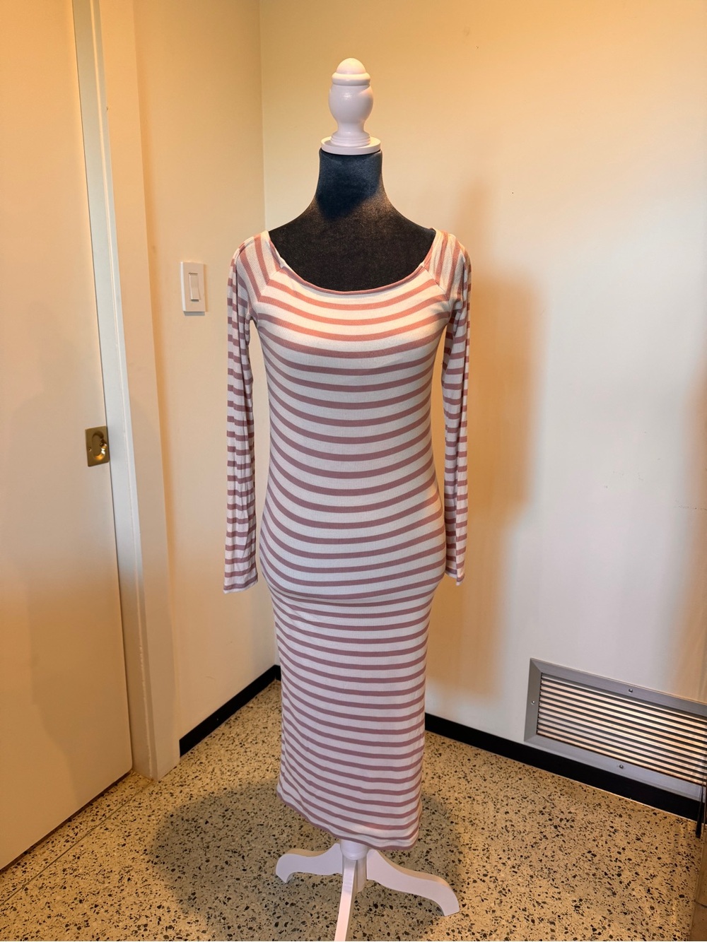 ATM Anthony Thomas Melillo Blush and White Striped Long-Sleeve Midi Dress